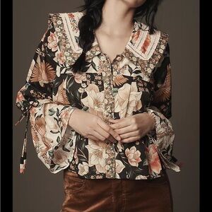 Farm Rio Long-Sleeve Collared Embroidered Blouse